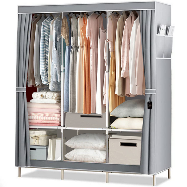 Portable Closet Storage Organizer with Dustproof Non-woven Fabric Cover, Wardrobe Clothes Closet Storage for Bedroom, Gray