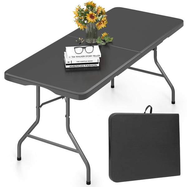 Harigal 5ft Folding Table Plastic 5 Foot Folding Table with Carry Handle for Events, Parties, Picnics, Black