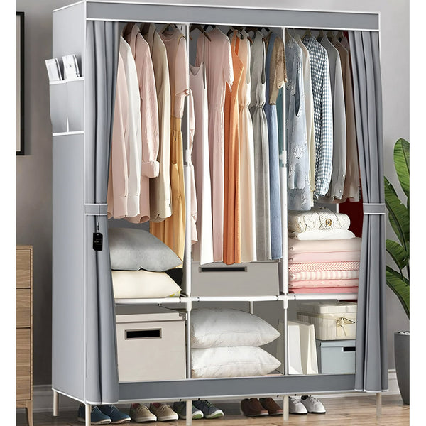 Harigal 67in Dustproof Closet Wardrobe with Shelves, Portable Clothes Organizer with Cover, Closet Storage for Bedroom, Gray