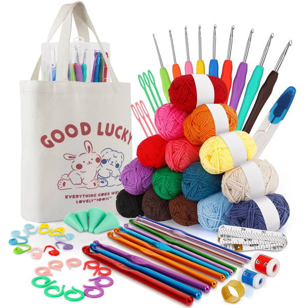 Harigal 73 Piece Beginners Crochet Kit Premium Bundle Includes Yarn Balls Needles Accessories Kit Canvas Tote Bag for Travel