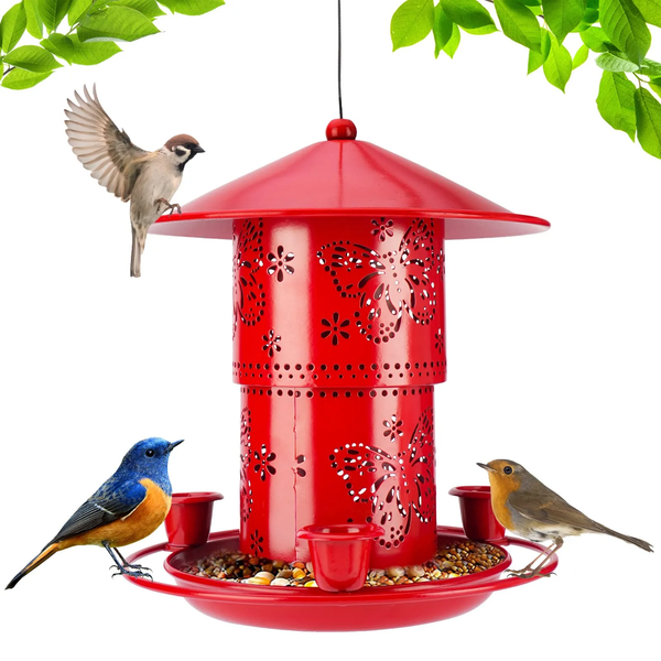 Harigal Metal Bird Feeder for Outside Squirrel Proof Retractable Hanging Feeder with Large Capacity for Garden Yard Patio Red