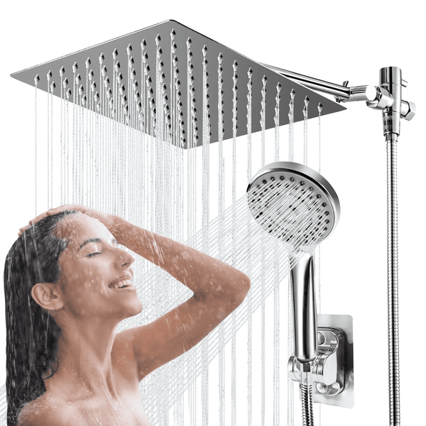 Harigal 10 Inch Coverage High Pressure Rain Shower Head Combo Wide Rainfall 5 Spray Handheld Shower with Adjustable Extension Arm Dual Anti-Clog Nozzles for Ultimate Shower Experience Silver