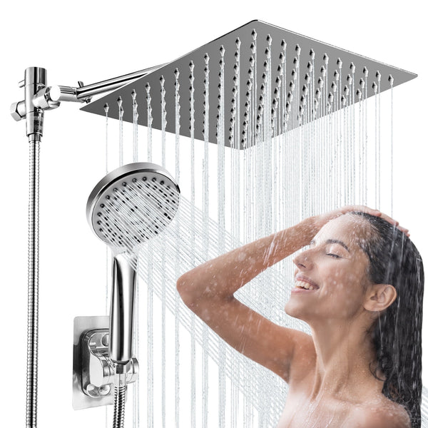 Harigal Dual Shower Head Combo 8 inch High Pressure Rain Shower Head with Adjustable Extension Arm 5 Settings Handheld Shower Head with Hose and Holde-Silver Chrome