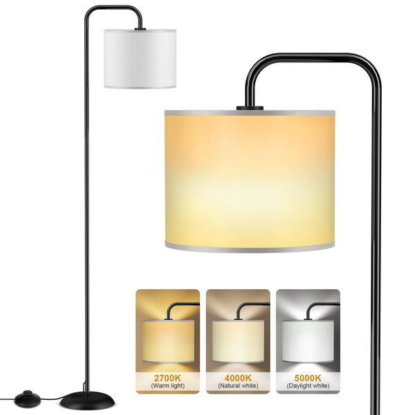 Harigal Floor Lamp for Living Room with 3 Color Temperatures Tall Standing Lamp with Linen Shade Footswitch 12W LED Bulb Included-Black